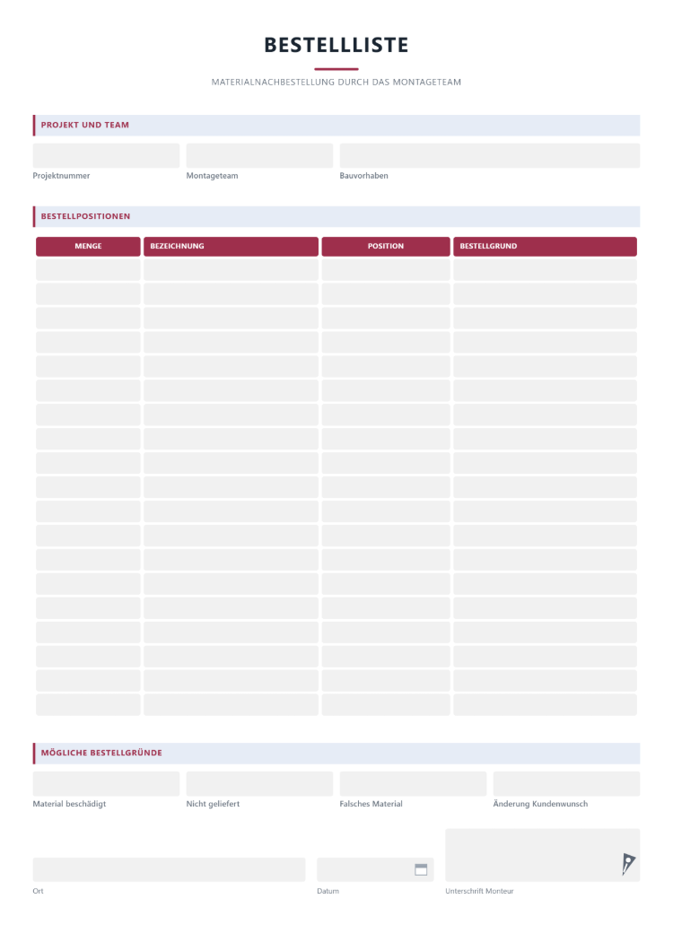 Order Form als Bestellliste Material