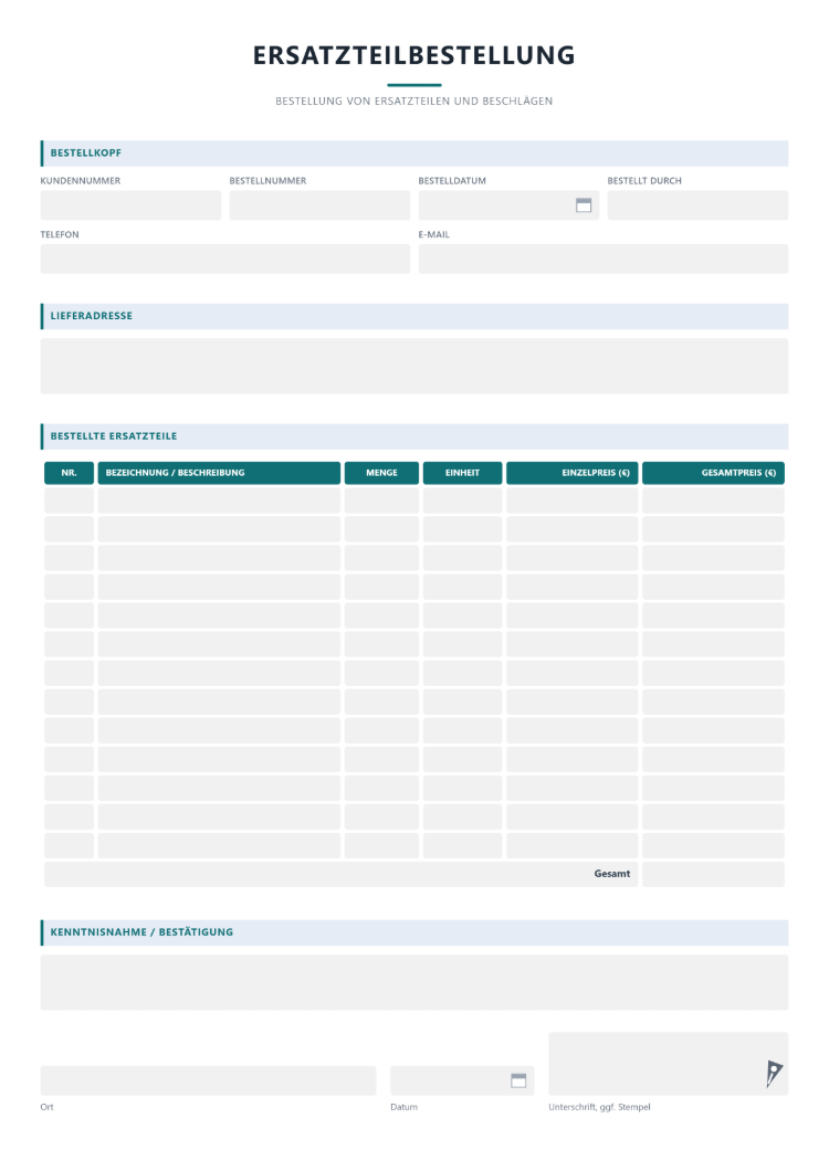 Order Form für die Ersatzteilbestellung