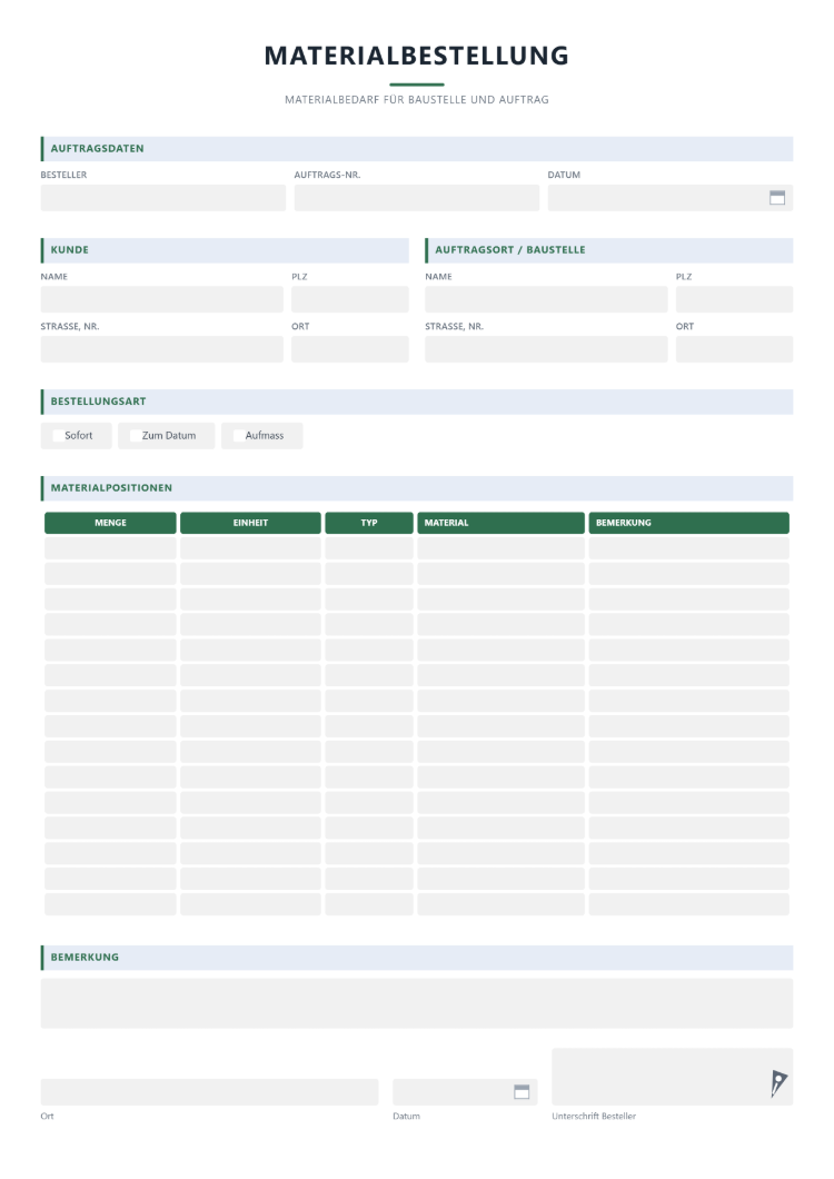 Order Form für die Materialbestellung auf der Baustelle