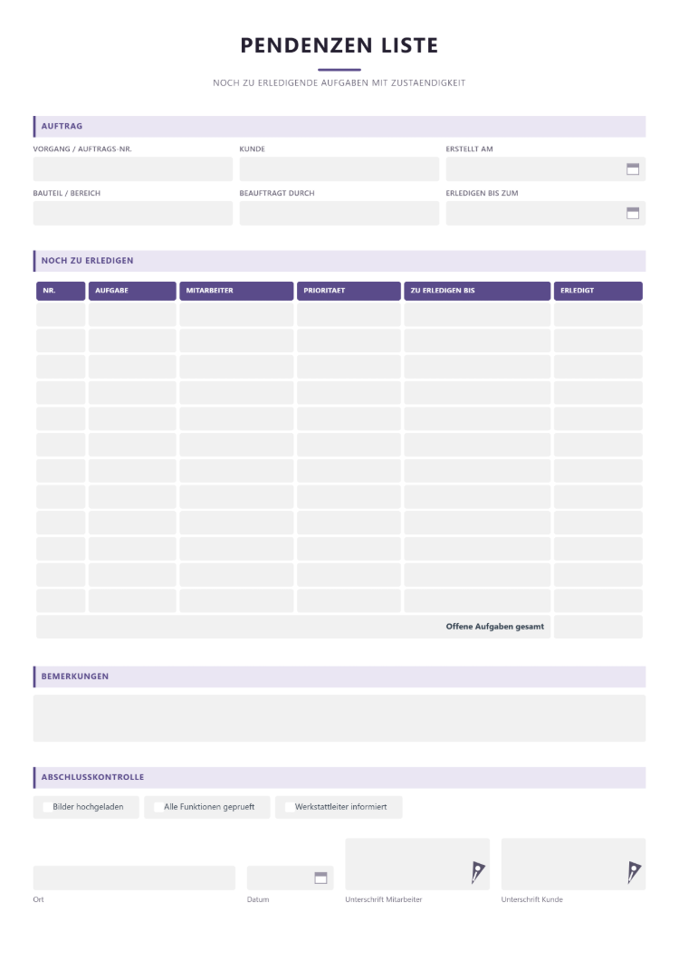 Pendenzenliste Muster