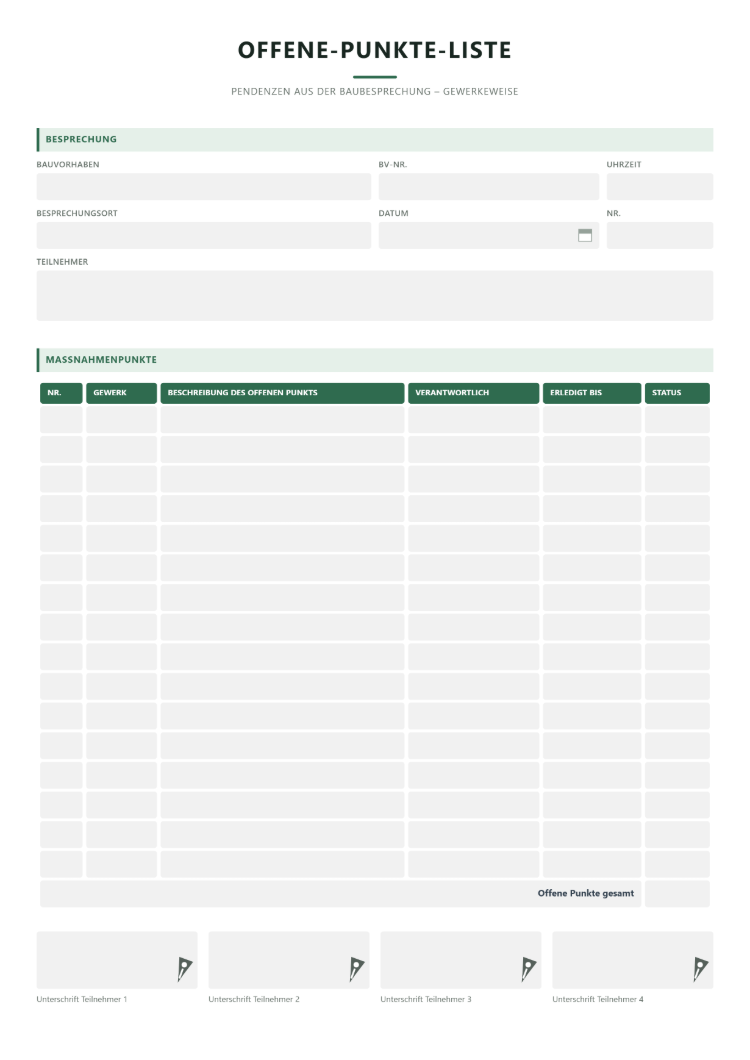 Pendenzenliste für das Projekt