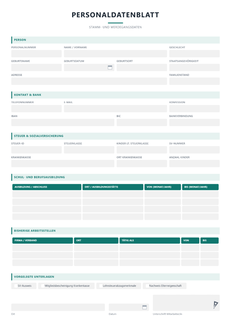Personaldatenblatt Mitarbeiter