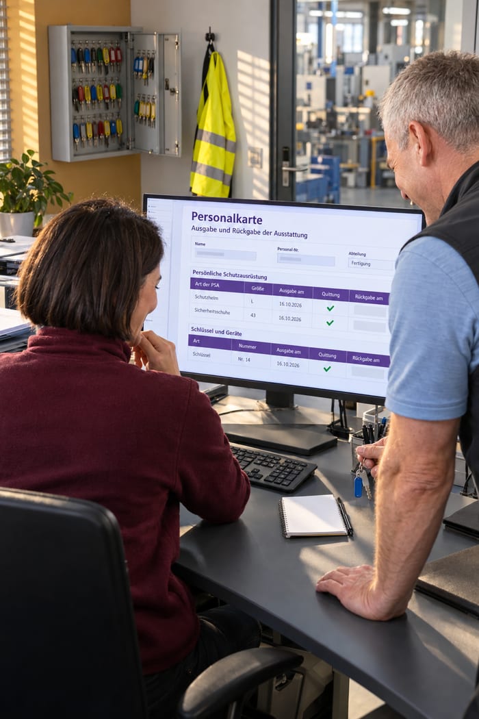 Zwei Mitarbeiter im Büro neben der Fertigungshalle sehen sich am Monitor die digitale Personalkarte mit ausgegebenem Schutzhelm, Sicherheitsschuhen und Schlüssel an