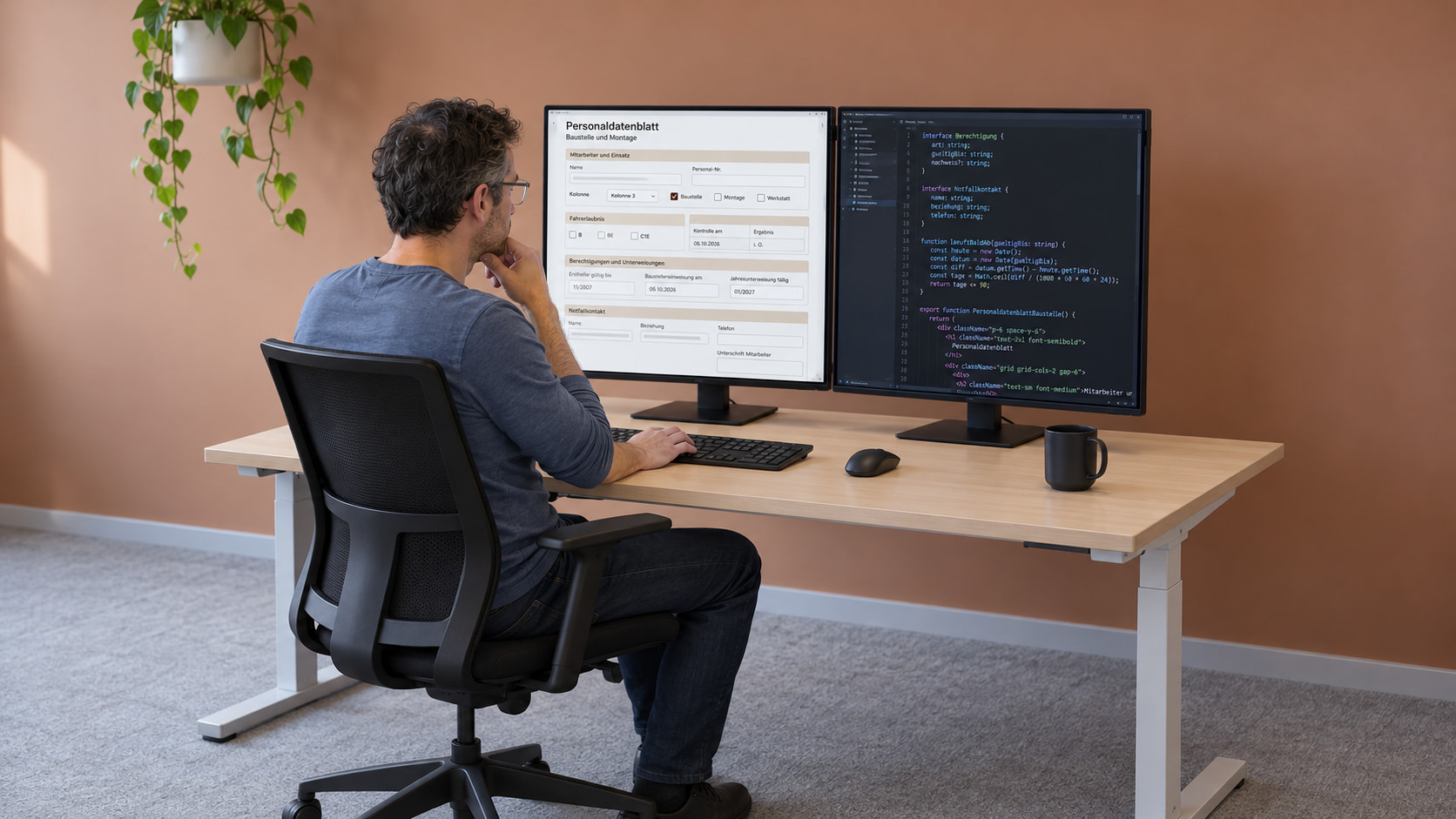 Softwareentwickler programmiert das Personaldatenblatt, auf dem einen Monitor das Formular für Baustelle und Montage, auf dem anderen der Code