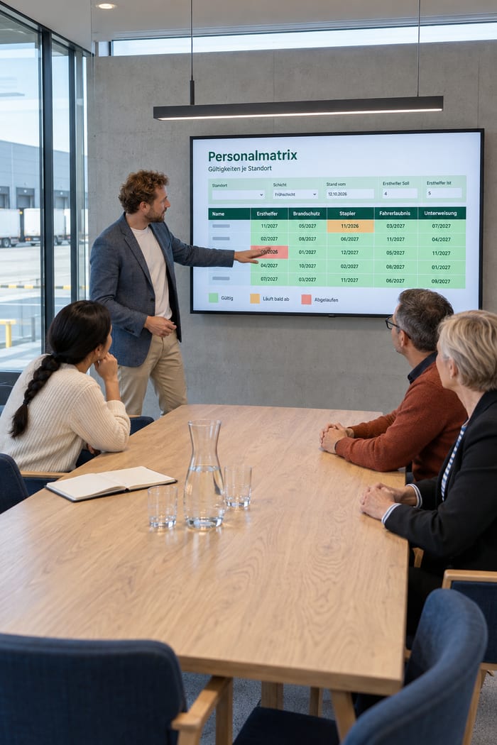 Beratung im Konferenzraum: Ein Berater zeigt am Wandbildschirm die Personalmatrix mit Gültigkeiten je Standort und deutet auf einen abgelaufenen Eintrag
