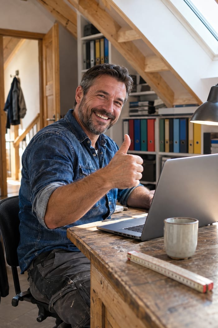 Inhaber eines Handwerksbetriebs sitzt in seinem Büro unter der Dachschräge am Laptop, lacht und hebt den Daumen