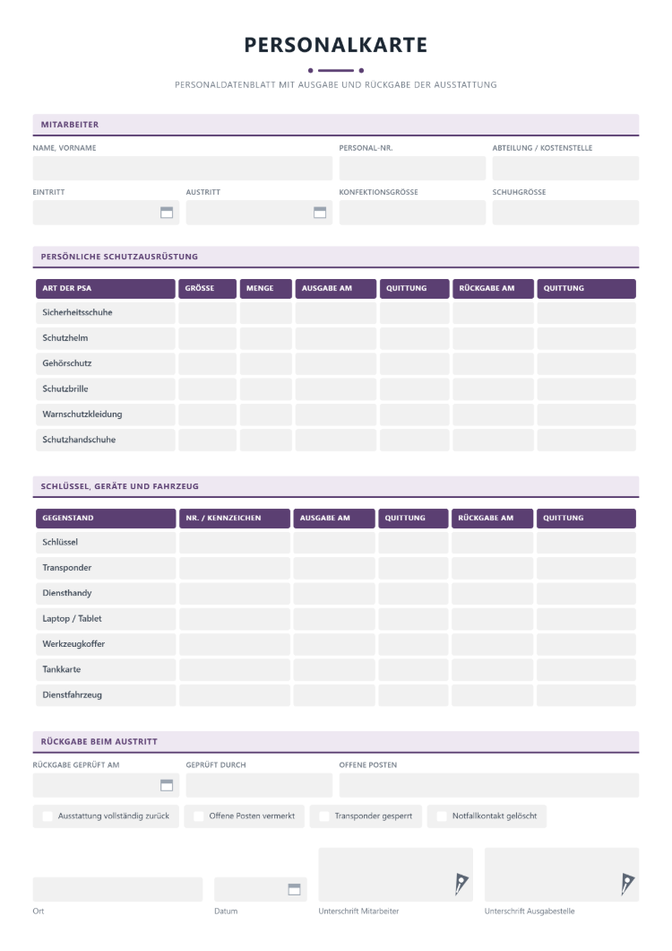 Personalkarte als Personaldatenblatt mit Ausgabe und Rückgabe von persönlicher Schutzausrüstung, Schlüsseln, Geräten und Dienstfahrzeug samt Quittung und Rückgabe beim Austritt