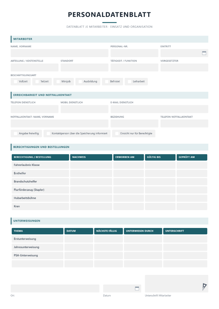 Personaldatenblatt je Mitarbeiter mit Beschäftigungsart, Erreichbarkeit und Notfallkontakt, Berechtigungen und Bestellungen mit Gültigkeit sowie Unterweisungen mit nächster Fälligkeit