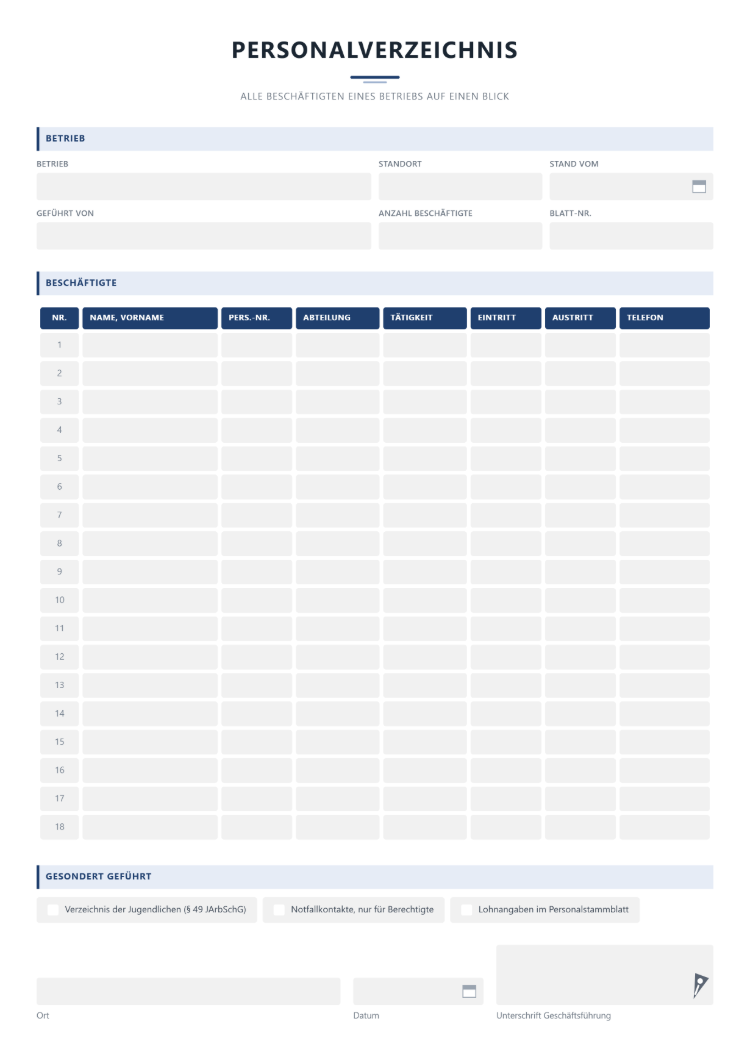 Personalverzeichnis aller Beschäftigten eines Betriebs mit Personalnummer, Abteilung, Tätigkeit, Eintritt, Austritt und Telefon