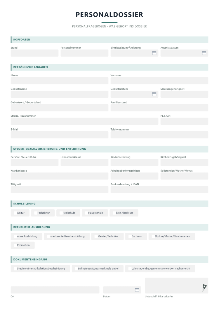 Personaldossier Inhalt und Register