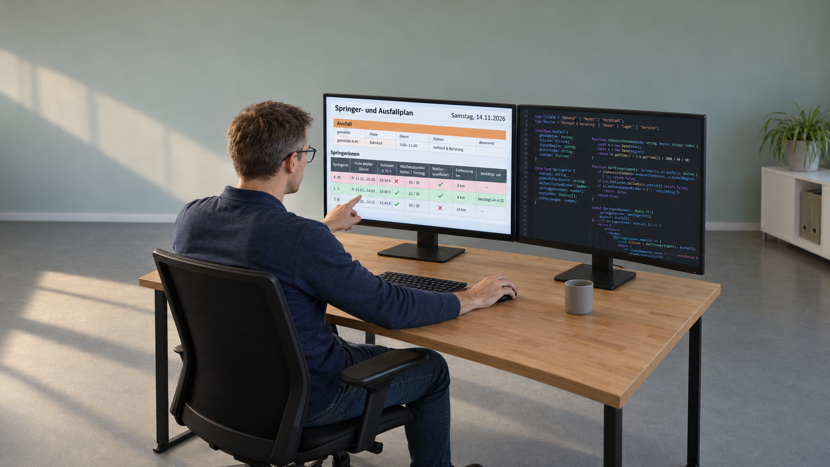 Softwareentwickler programmiert den Personaleinsatzplan: links der Springer- und Ausfallplan mit Ruhezeit-Prüfung je Springerin, rechts der Code