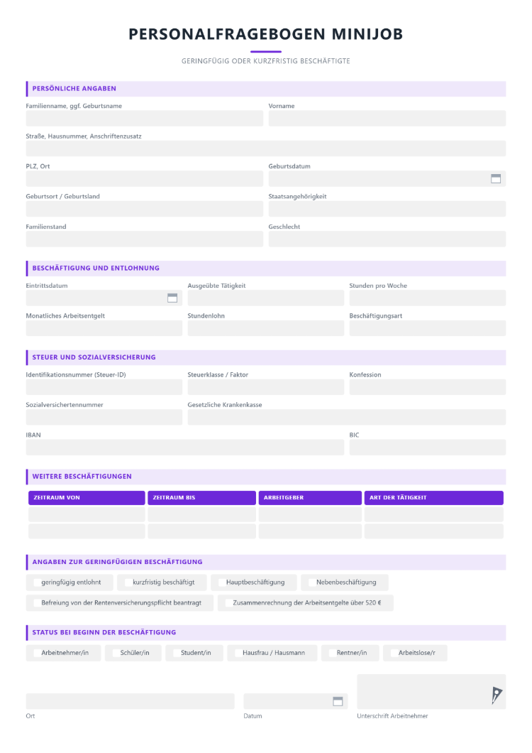 Personalfragebogen für Minijob
