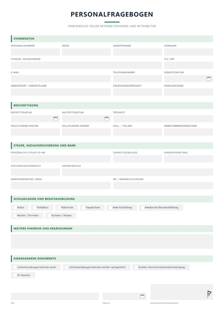 Personalfragebogen für neue Mitarbeiter