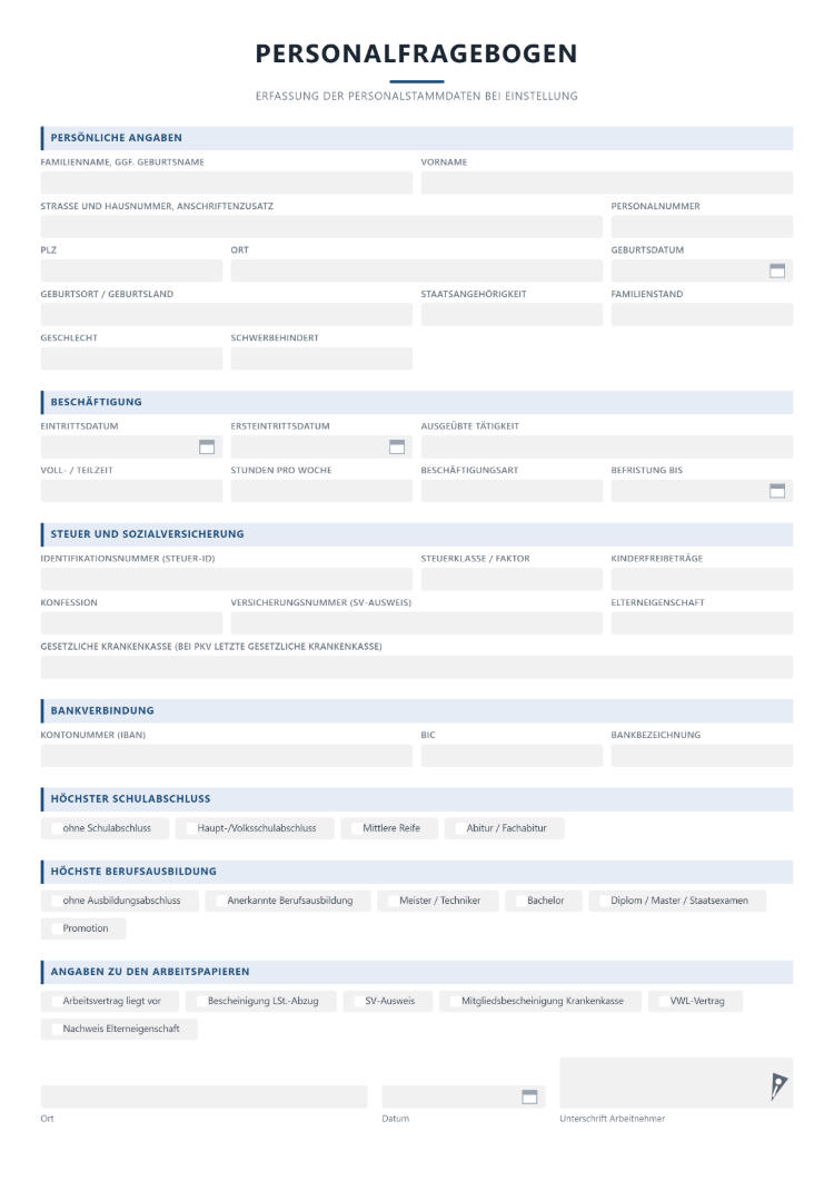 Personalfragebogen Vorlage