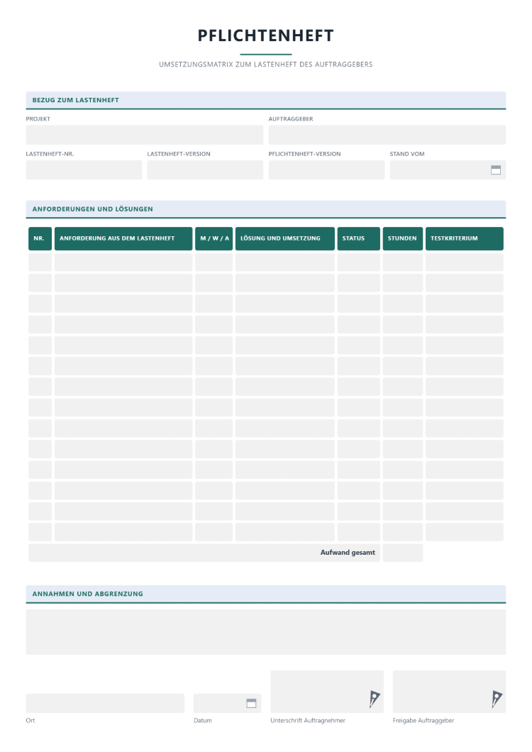 Lasten- und Pflichtenheft als Umsetzungsmatrix mit Anforderung aus dem Lastenheft, Muss/Wunsch, Lösung, Status, Stunden und Testkriterium
