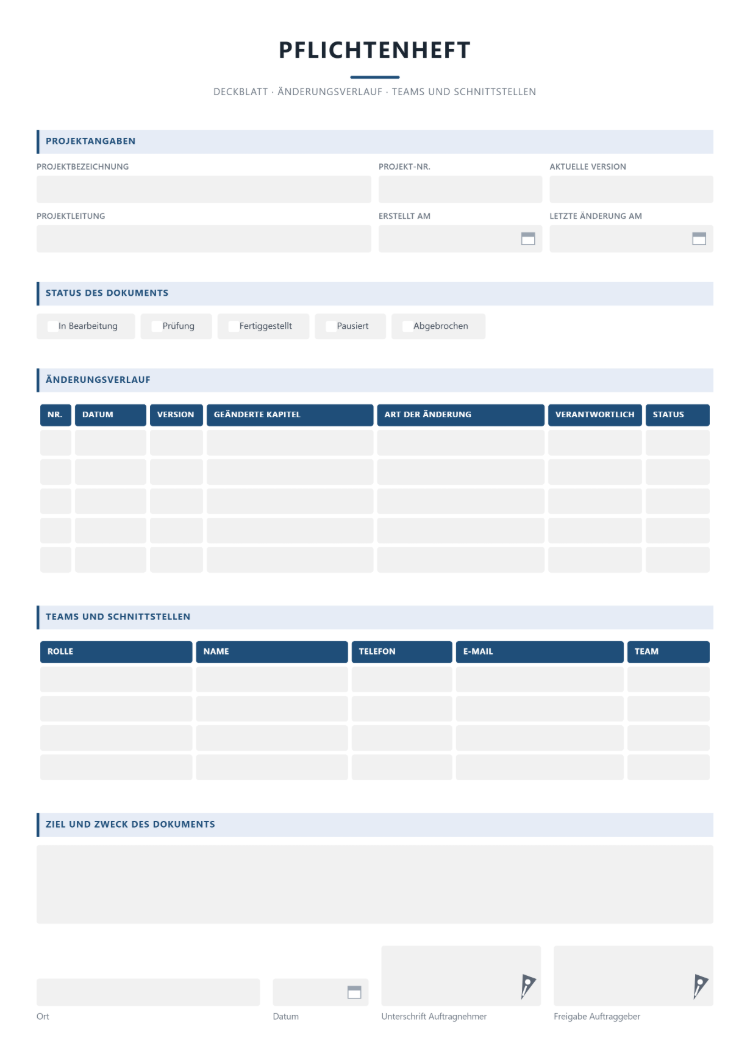 Pflichtenheft-Vorlage mit Projektangaben, Dokumentstatus, Änderungsverlauf je Version sowie Teams und Schnittstellen