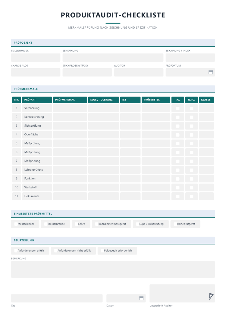 Produktaudit-Checkliste zur Merkmalsprüfung nach Zeichnung und Spezifikation