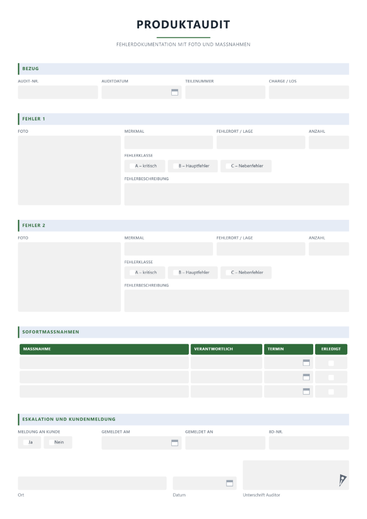 Produktaudit als Muster zur Fehlerdokumentation mit Foto und Maßnahmen