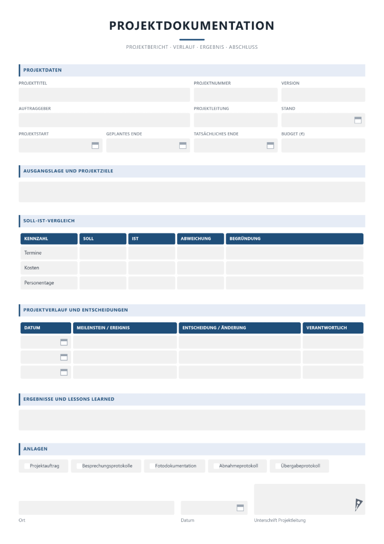 Projektdokumentation-Vorlage mit Projektdaten, Soll-Ist-Vergleich, Projektverlauf mit Entscheidungen, Lessons Learned und Anlagen