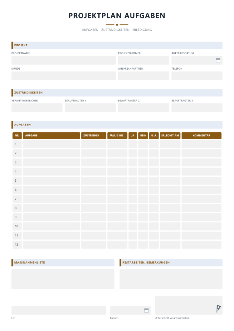 Projektplan als Aufgabenliste mit Zuständigkeiten, Fälligkeit, Erledigungsstatus und Restarbeiten