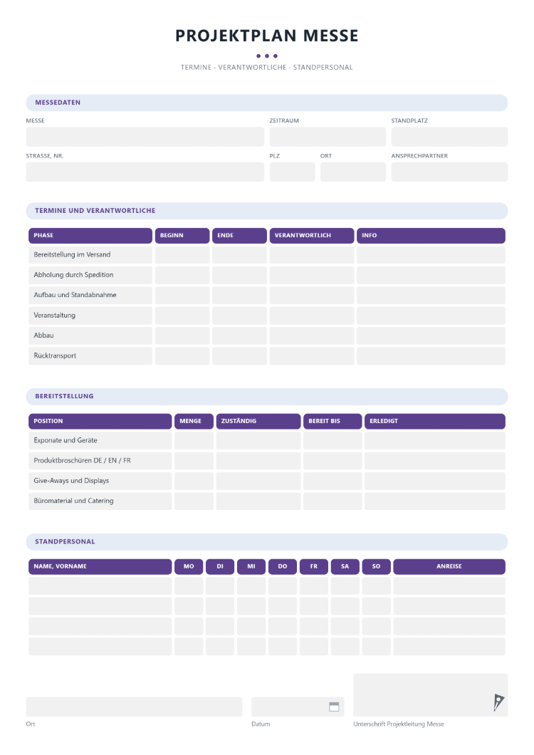 Projektplan für die Messe mit Terminen je Phase, Bereitstellungsliste und Einsatzplan für das Standpersonal