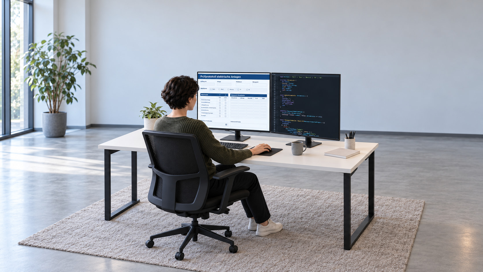 Entwickler-Arbeitsplatz mit dem Prüfprotokoll elektrische Anlagen auf dem einen und dem Programmcode auf dem anderen Monitor