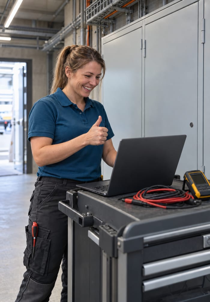 Elektrofachkraft im Technikraum freut sich am Laptop über das fertige Prüfprotokoll elektrische Anlagen