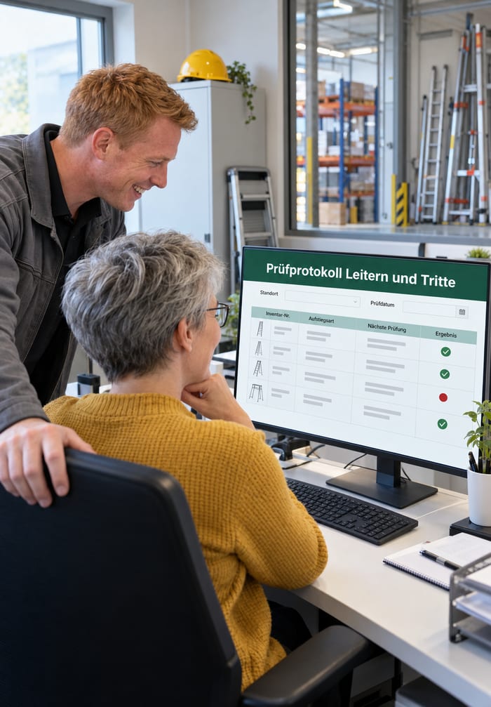 Zwei Mitarbeiter im Büro neben der Lagerhalle freuen sich über das digitale Prüfprotokoll für Leitern und Tritte am Monitor