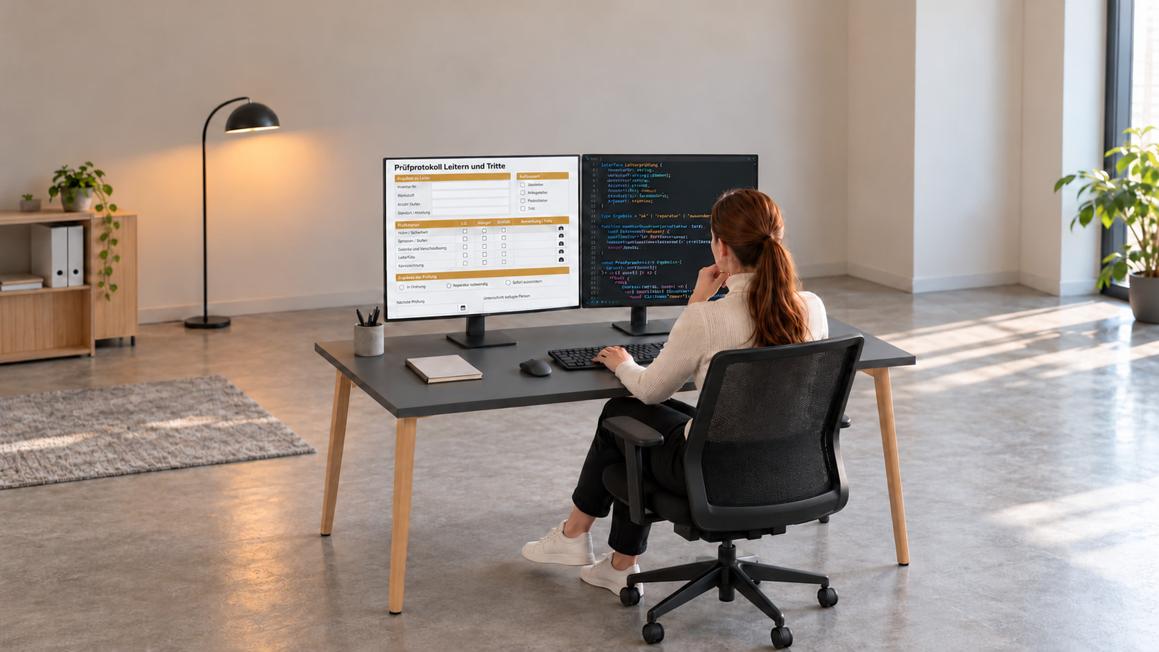 Entwicklerin programmiert das Prüfprotokoll für Leitern und Tritte, links das Formular, rechts der Code