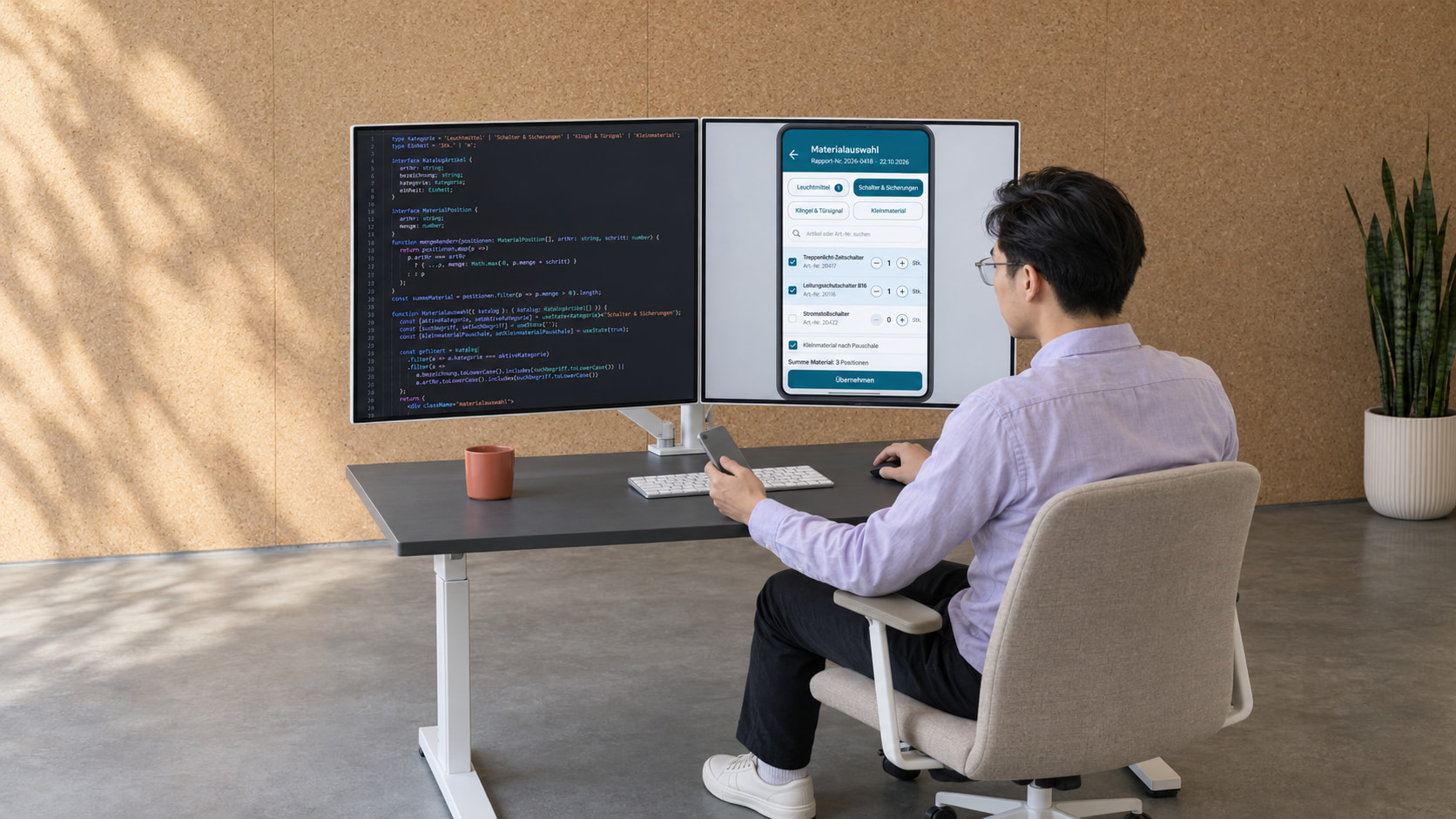 Softwareentwickler programmiert die Rapport-App: links der TypeScript-Code, rechts die Materialauswahl mit Leuchtmittel, Schalter und Sicherungen, Klingel und Türsignal, Kleinmaterial, Treppenlicht-Zeitschalter und Leitungsschutzschalter B16, in der Hand ein Smartphone zum Testen