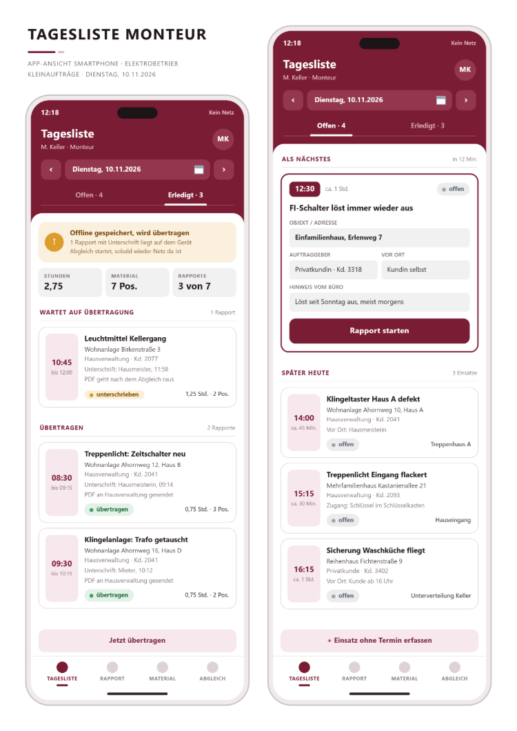 Tagesliste Monteur in der Rapport-App auf zwei Smartphones mit offenen und erledigten Einsätzen des Tages, Uhrzeit, Objekt, Auftraggeber und Status, dem Hinweis offline gespeichert, wird übertragen, und der Schaltfläche Rapport starten für den nächsten Einsatz
