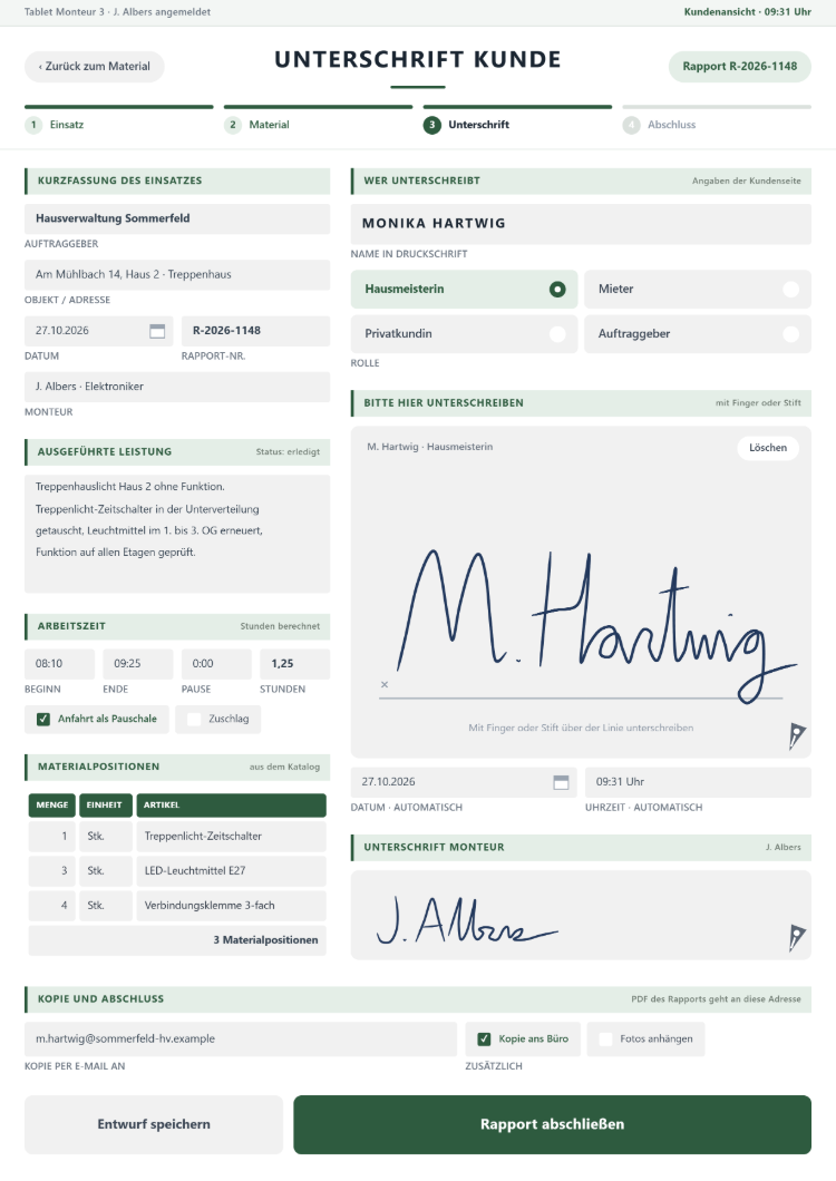 Unterschriftsseite der Rapport-App am Tablet mit Kurzfassung des Einsatzes, Arbeitszeit und Materialpositionen, Name in Druckschrift und Rolle Hausmeisterin, Mieter, Privatkundin oder Auftraggeber, großem Unterschriftsfeld für Finger oder Stift, Datum und Uhrzeit automatisch, Unterschrift des Monteurs und Kopie per E-Mail