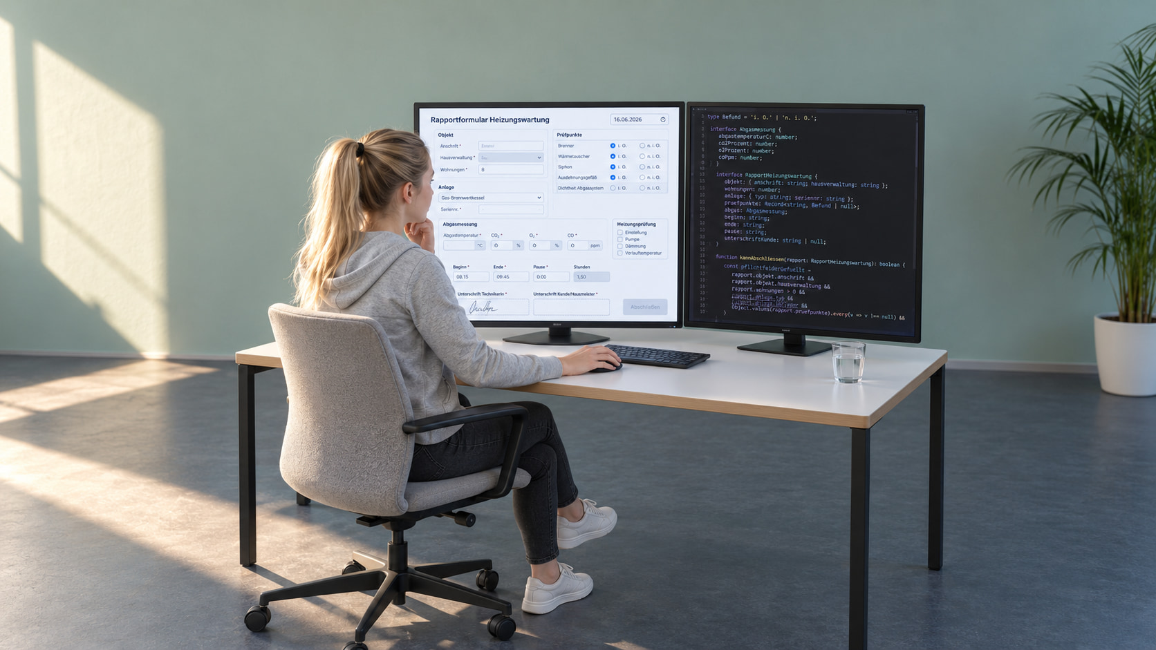 Entwicklerin programmiert das Rapportformular: links das Rapportformular Heizungswartung mit Objekt, Anlage, Prüfpunkten i. O. oder n. i. O., Abgasmessung mit Einheiten, Heizungsprüfung, Arbeitszeit und Unterschriften, rechts der Code mit der Prüfung der Pflichtfelder