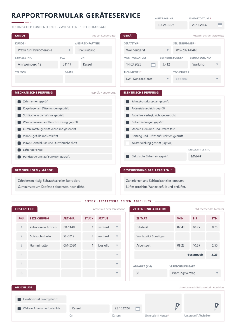 Zweiseitiges Rapportformular Geräteservice mit Kunde und Gerät aus der Liste, Betriebsstunden, mechanischer und elektrischer Prüfung zum Ankreuzen, Messmittel-Nummer, Bemerkungen, Ersatzteilen, Fahrt- und Arbeitszeit, Anfahrt und Unterschriften