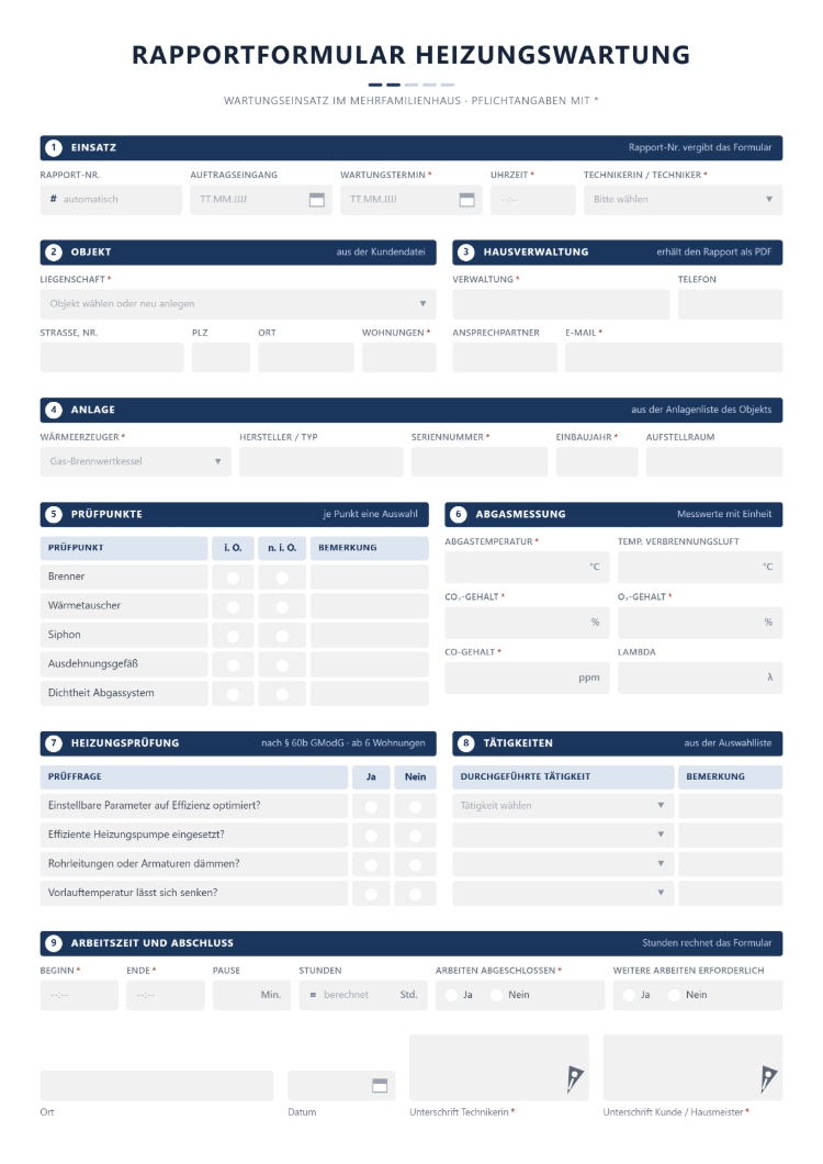Rapportformular Heizungswartung mit Einsatz, Objekt aus der Kundendatei, Hausverwaltung, Anlage, Prüfpunkten i. O. oder n. i. O., Abgasmessung mit Einheiten, Heizungsprüfung nach § 60b GModG, Tätigkeiten aus der Auswahlliste, berechneten Stunden und Unterschriften von Technikerin und Kunde