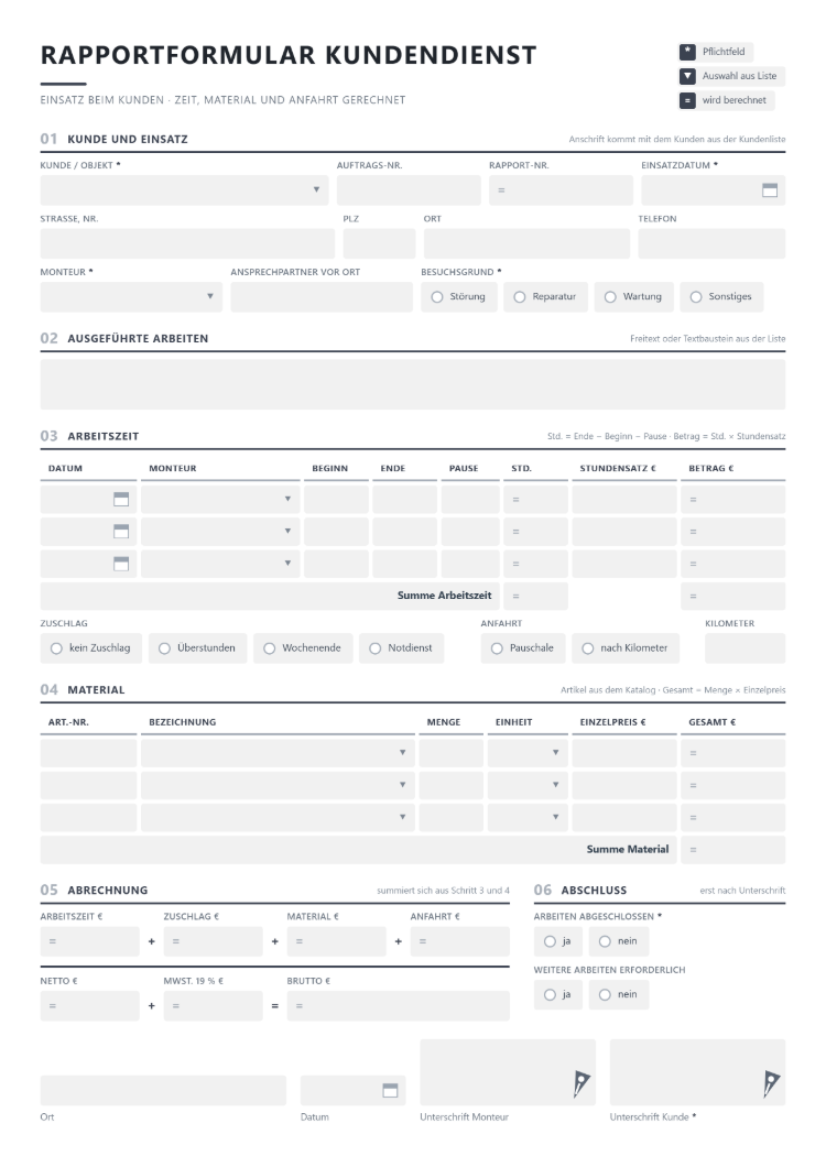 Rapportformular Kundendienst mit Kunde und Einsatz, ausgeführten Arbeiten, Arbeitszeit mit Stundensatz und Betrag, Zuschlag, Anfahrt, Material mit Einzelpreis und Gesamtbetrag, Abrechnung mit Netto, Mehrwertsteuer und Brutto sowie Abschluss erst nach Unterschrift