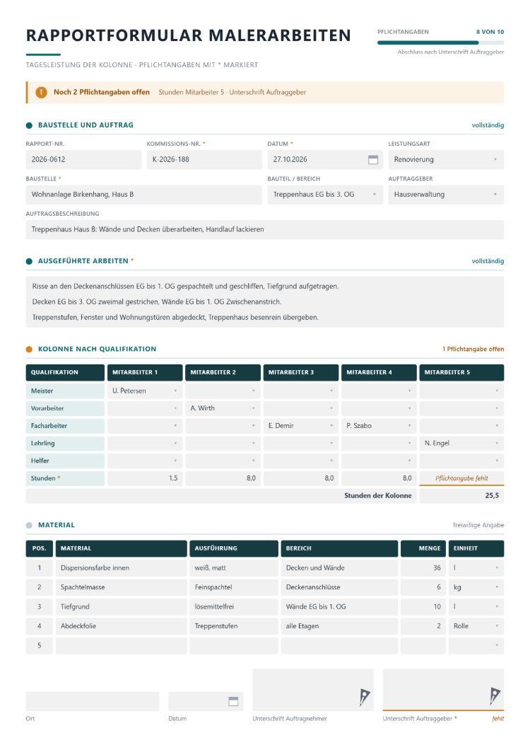 Rapportformular Malerarbeiten mit Fortschrittsanzeige der Pflichtangaben, Hinweis auf zwei offene Angaben, Baustelle und Auftrag, ausgeführten Arbeiten, Kolonne nach Qualifikation mit Stunden, Material mit Menge und Einheit sowie Unterschrift des Auftraggebers