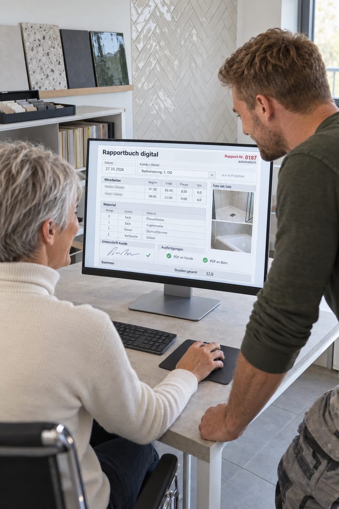 Fliesenleger und Büromitarbeiterin sehen sich am Monitor das Rapportbuch digital mit Stunden, Material, Foto und Kundenunterschrift an, im Regal stehen Fliesenmuster