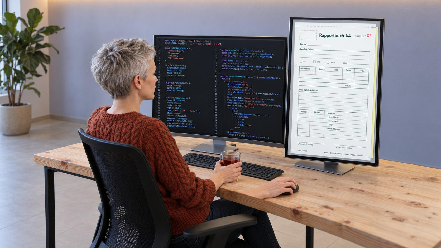 Entwicklerin programmiert den Rapportblock: links der Code, rechts das Rapportbuch A4 mit Rapportnummer, Arbeitszeiten, ausgeführten Arbeiten, Materialteil und Unterschriften