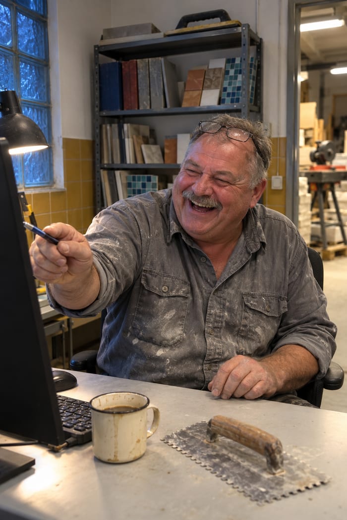 Fliesenlegermeister im staubigen Arbeitshemd lacht im Werkstattbüro und zeigt mit dem Kugelschreiber auf den Monitor, im Regal stehen Fliesenmuster, auf dem Tisch liegt eine Zahnkelle