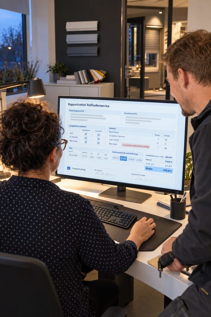Bürokraft und Monteur eines Rollladenbetriebs sehen am Monitor den Handwerker-Rapportzettel für den Rollladenservice mit Arbeitskosten, Material und Bruttobetrag