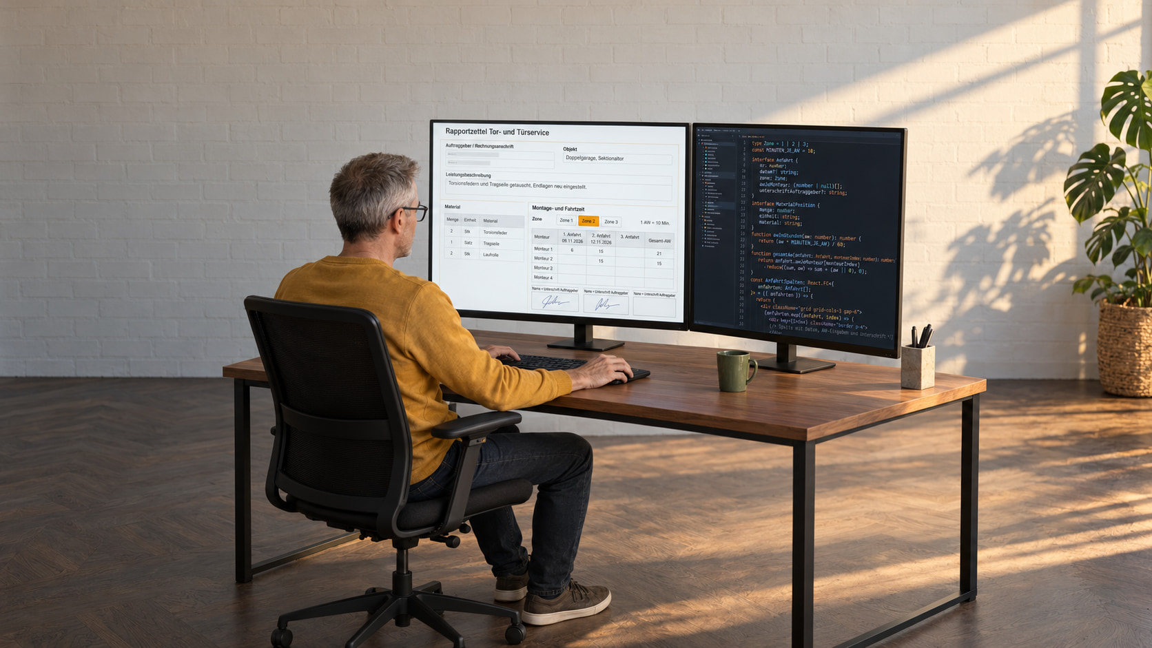 Entwickler programmiert den Handwerker-Rapportzettel für den Tor- und Türservice: links die Maske mit Material sowie Montage- und Fahrtzeit nach Zonen, rechts der Code