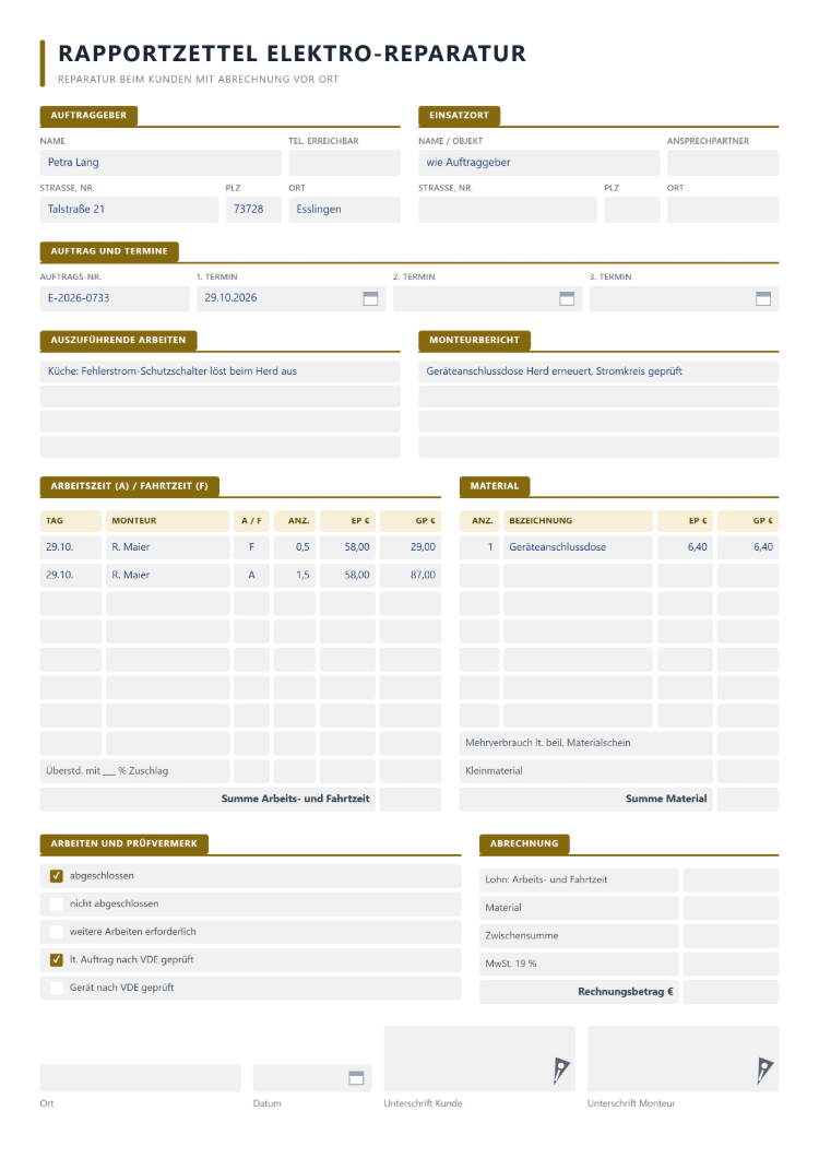 Handwerker-Rapportzettel für die Elektro-Reparatur mit drei Terminen, Monteurbericht, Arbeits- und Fahrtzeit je Monteur, Material samt Kleinmaterial und Prüfvermerk nach VDE