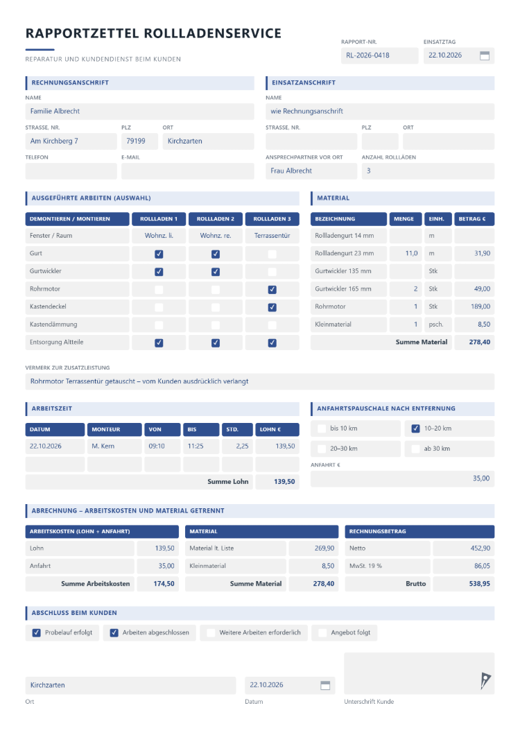 Handwerker-Rapportzettel für den Rollladenservice mit Rechnungs- und Einsatzanschrift, ausgeführten Arbeiten je Rollladen, Material mit Gurtwickler und Rohrmotor, Anfahrtspauschale nach Entfernung und getrennten Summen für Arbeitskosten und Material