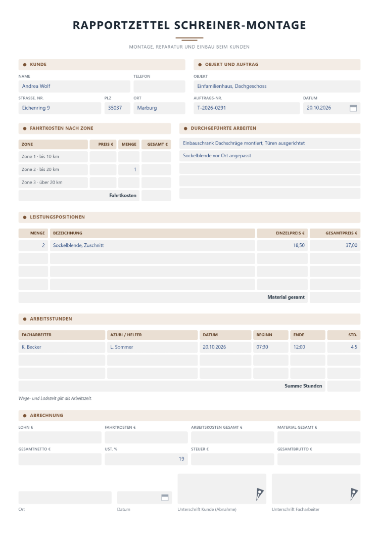 Handwerker-Rapportzettel für die Schreiner-Montage mit Fahrtkosten nach Zone, durchgeführten Arbeiten, Leistungspositionen, Arbeitsstunden von Facharbeiter und Helfer sowie Unterschrift des Kunden zur Abnahme