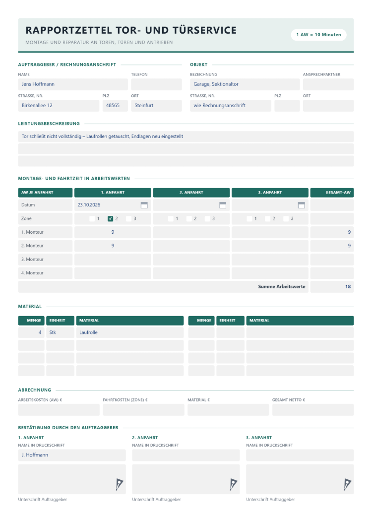 Handwerker-Rapportzettel für den Tor- und Türservice mit Montage- und Fahrtzeit in Arbeitswerten je Monteur und Anfahrt, Zone 1 bis 3, Material und Unterschrift des Auftraggebers je Anfahrt
