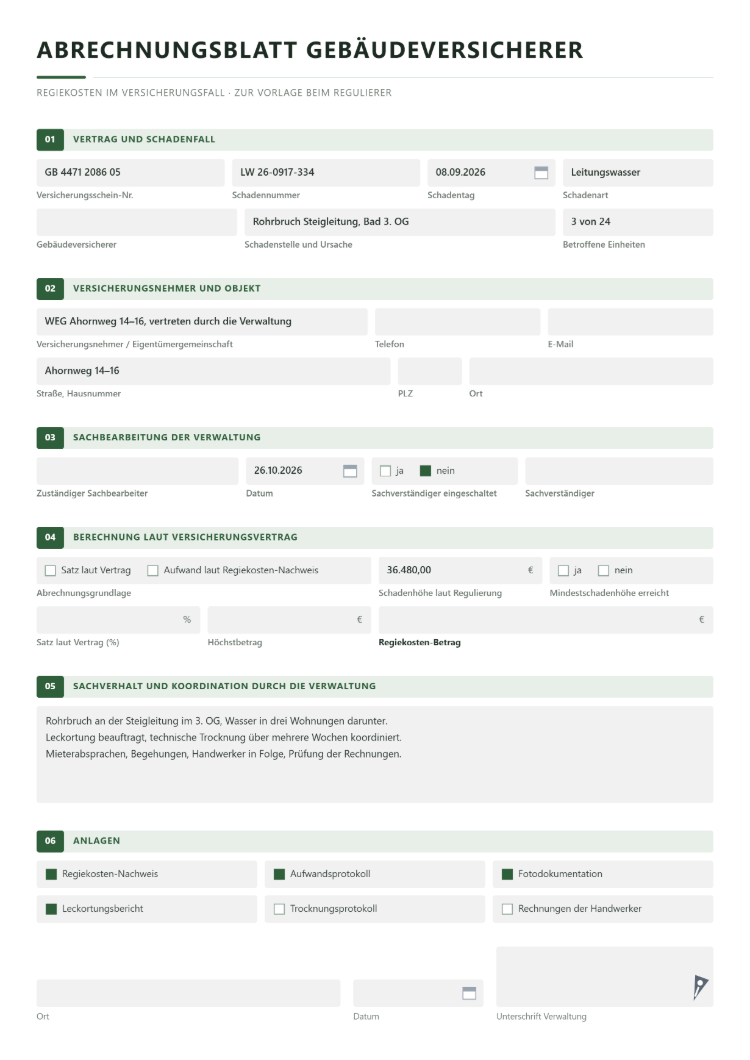 Abrechnungsblatt Gebäudeversicherer mit Versicherungsschein-Nr. und Schadennummer, Berechnung laut Versicherungsvertrag mit Mindestschadenhöhe, Satz und Höchstbetrag, Sachverhalt der Koordination und Anlagen