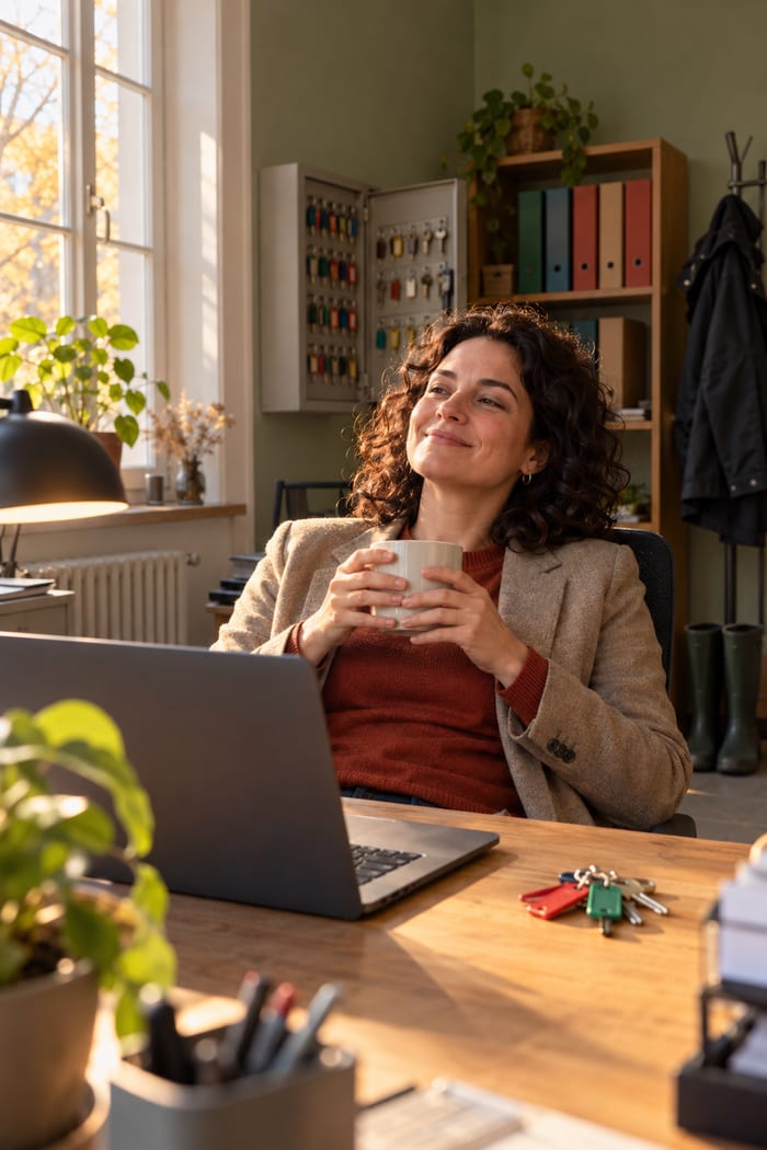 Objektbetreuerin einer Hausverwaltung lehnt sich am Schreibtisch mit einer Tasse Kaffee zufrieden zurück, vor ihr Laptop und Schlüsselbund, hinter ihr der Schlüsselkasten mit den Objektschlüsseln
