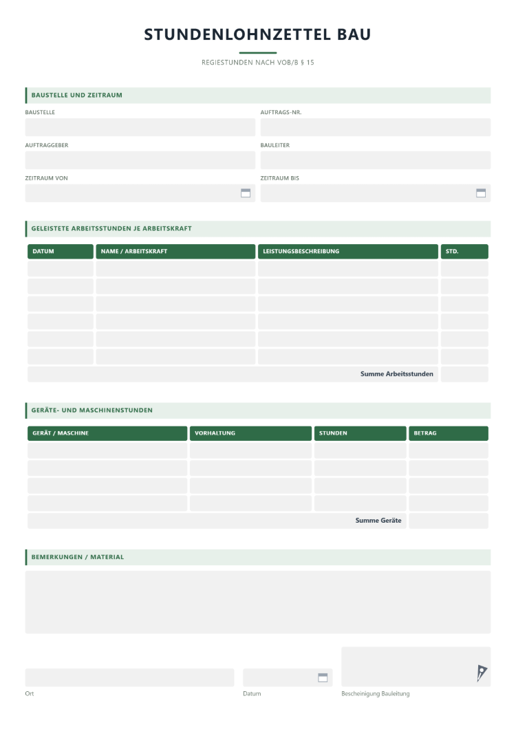 Regiestunden für den Bau