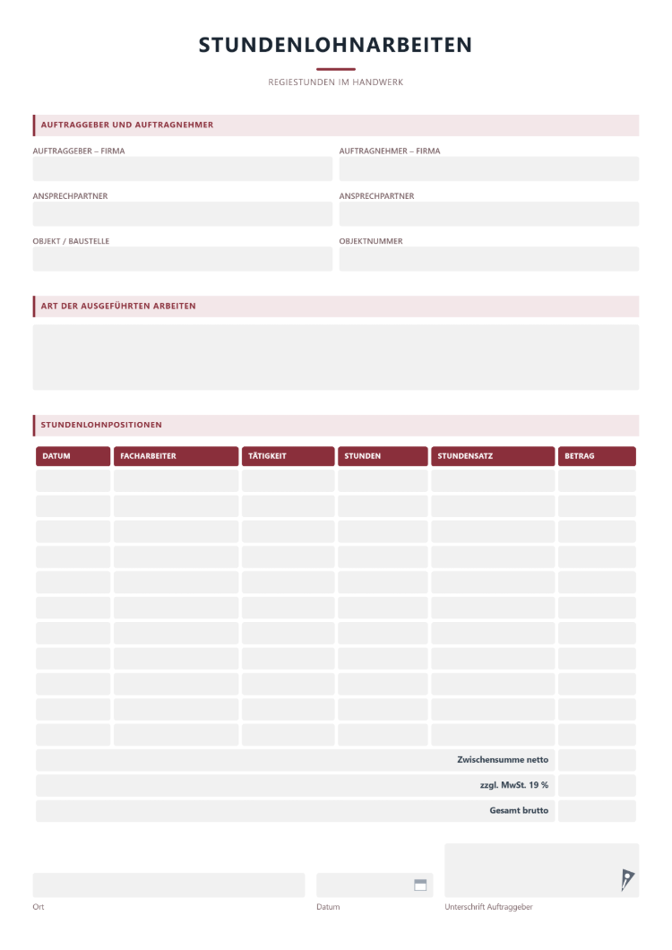 Regiestunden für das Handwerk